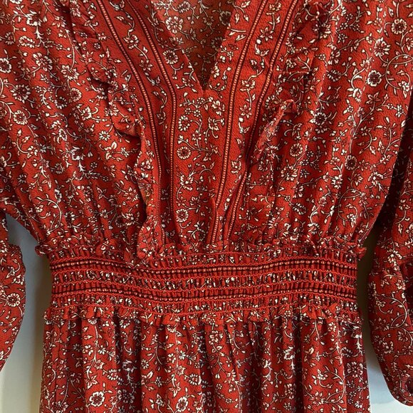 Max Studio Boho Empire Waist Floral Prairie Dress Dark Red White Size Small - Picture 9 of 14